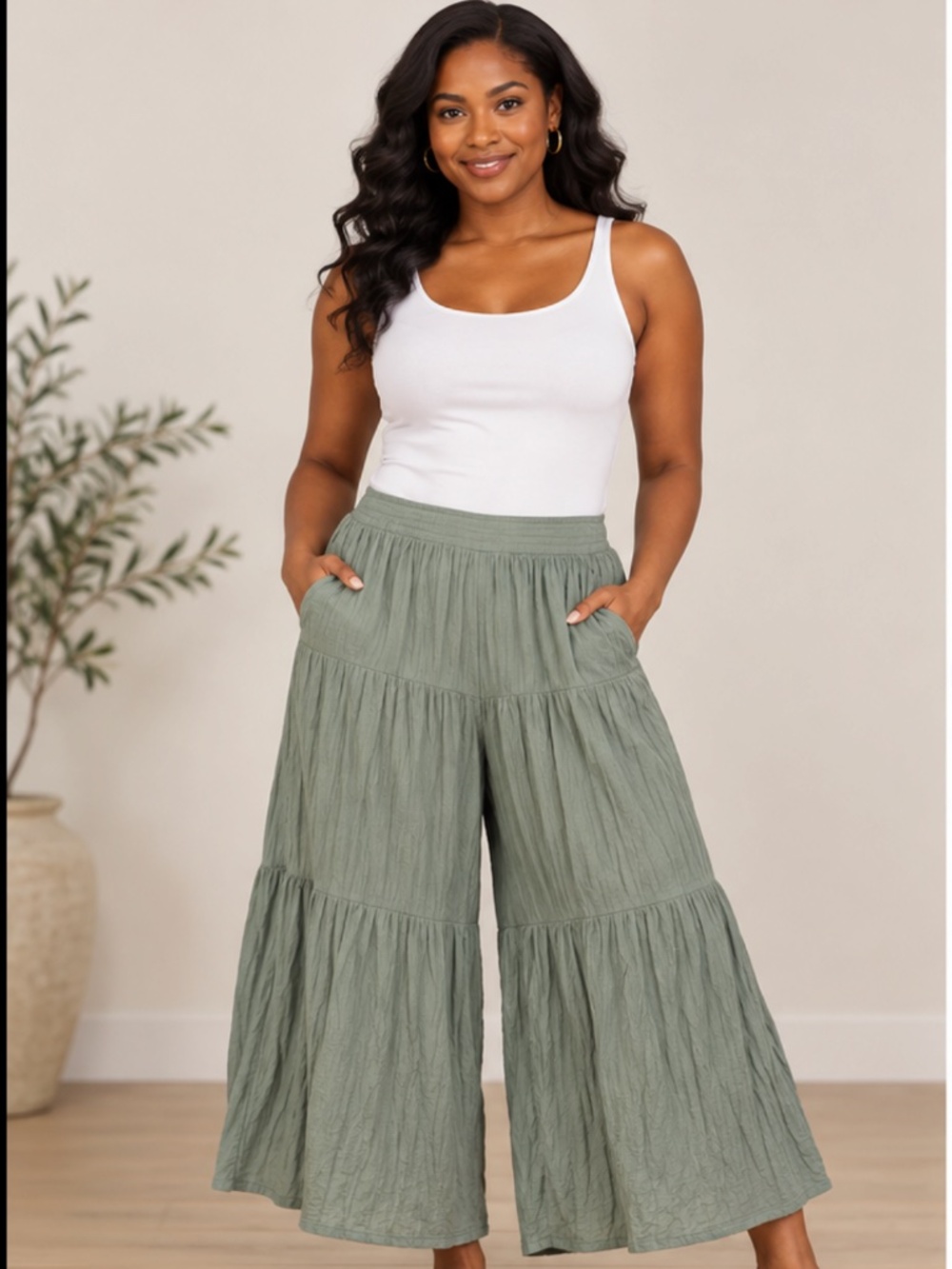 Clara Sun Woo Women's Sage Green Wide Leg Palazzo Pants XL Extra Large